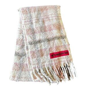 Victoria's Secret Plaid Scarf With Fringe Pink Gray Knotty Knit Boho 80 x 12